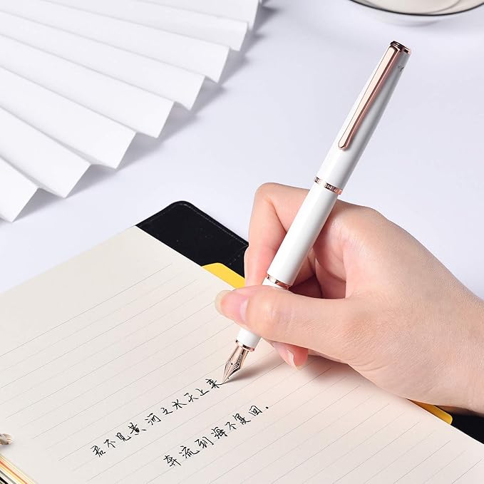 HongDian 920 White Metal Fountain Pen, Rose Gold Plated Extra Fine Nib Smooth Writing Pen, Classic Pen with Ink Converter