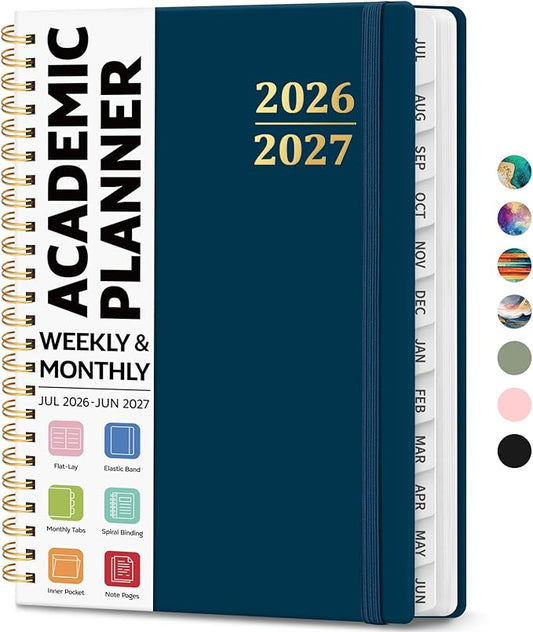 Academic Planner 2026-2027, Weekly and Monthly Calendar Planner Book, July 2026 – June 2027, Hardcover Organizer with Tabs, Perfect for Teachers, Students, Women & Men, A5 (6.4" x 8.5") - Navy