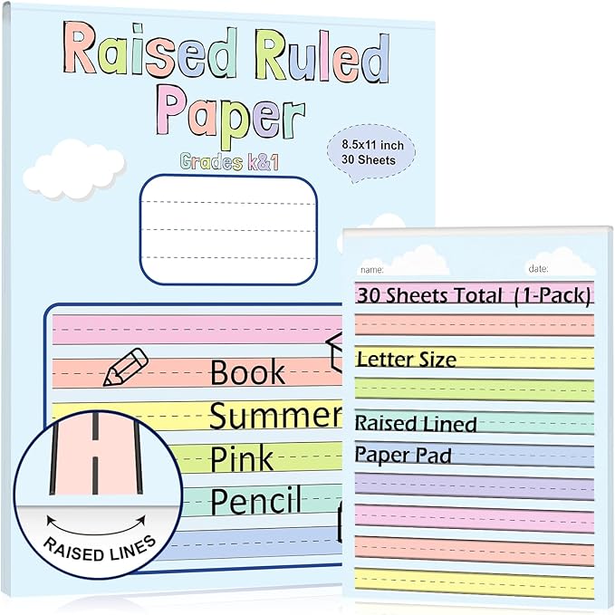 1 Pack 8.5"×11" Raised Lined Writing Paper Pad for Practice 0.65" Spacing Tactile Handwriting Paper Letter Size Multi-Color Write Beginner Paper for Kids ADHD Dysgraphia Kindergarten 30 Sheets/Pad