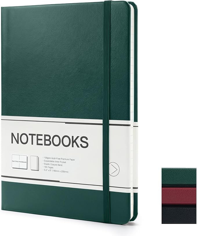 M&G Dotted Journal Notebook, 160 Pages, A5 Medium Size 5.6" x 8" for Men Women, 100GSM Thick College Ruled Paper Bullet Journal for Note Taking, Work & Office, Leather Hardcover, Green