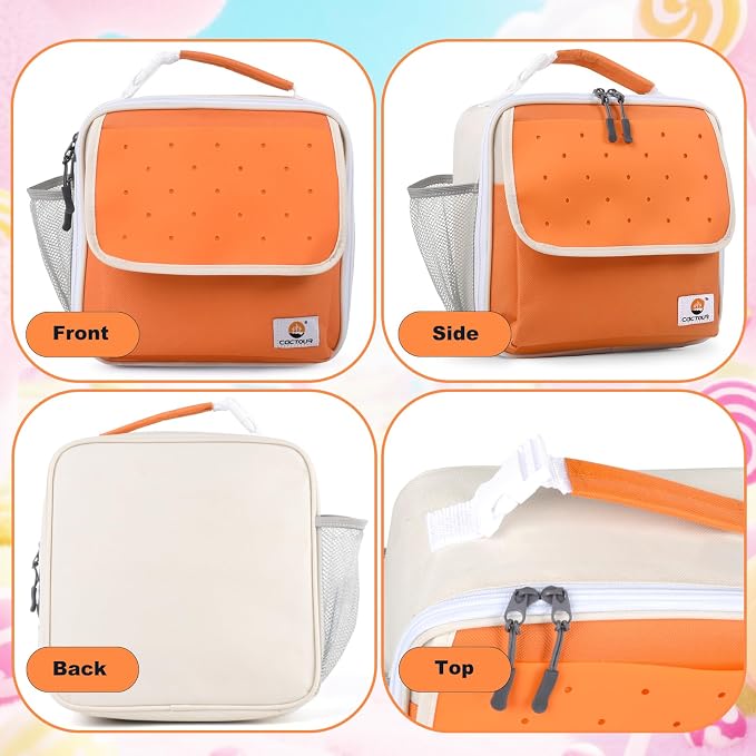 CaCTOUR Lunch Box Kids,Fun Color Lunch Box for Girls,Large Soft Cooler Lunch Bag for Kids,Back to School Thermal Insulated Lunch Tote Bag for School Daycare Outdoor (Orange Beige)