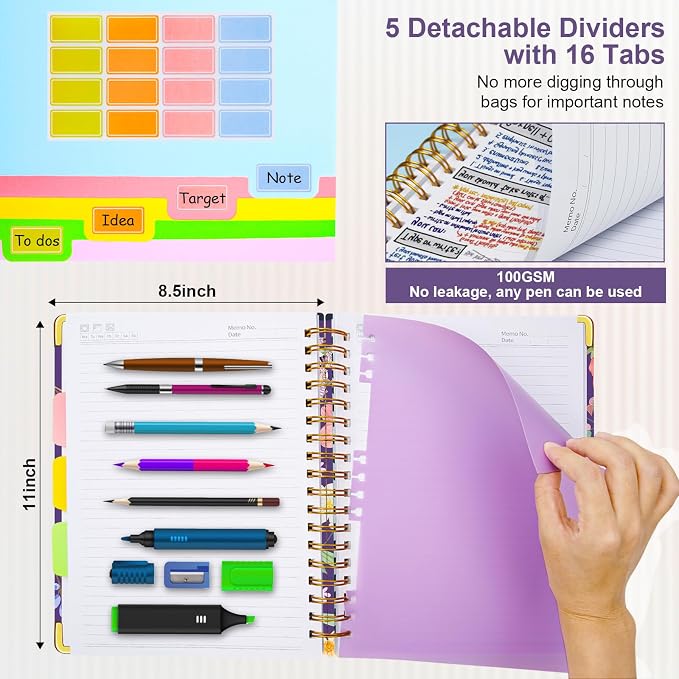 Spiral Journal Notebooks for Work, 300 Pages 5 Subject Notebook College Ruled with Dividers & Tabs, Notebook Journal for Women Students Note-Taking and Organizer (Purple Floral, 8.5''x 11'')
