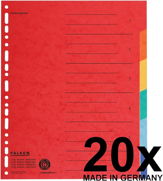 20 x Original Falken Cardboard Index Extra Wide for DIN A4+ 24.5 x 30 cm Full Height with Organisational Print 6-Piece Full Colour for Storing Brochure and Transparent Pockets