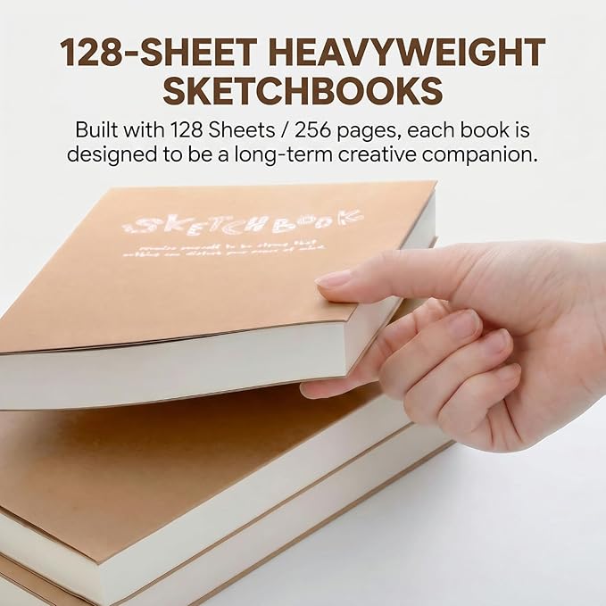 Elsjoy Set of 3 Kraft Sketchbook & Drawing Notebook, A5/A4/B5 Sketch Book Travel Journal Notebook with Thick Paper for Drawing & Sketching, 128 Sheets/256 Pages