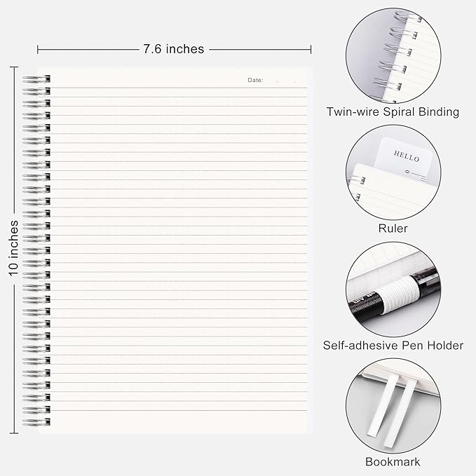 RETTACY Spiral College Ruled Notebook, 2-Pack, 160 Pages per Pack, B5 Medium Size (7.6" x 10"), for School, Work, Writing, Journaling, 100 GSM Thick Paper, Flexible Plastic Cover