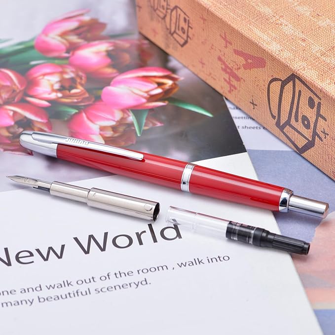 Jinhao 20 Press Fountain Pen, Palace Red Retractable Extra Fine Nib with Ink Converter Set (Silver Clip)