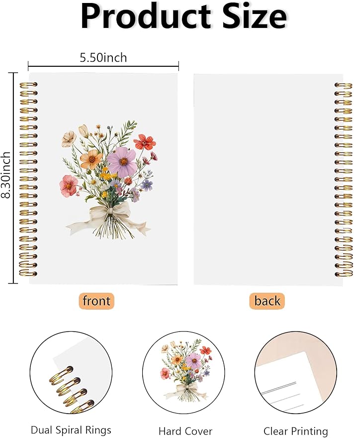 Floral Spiral Notebook, Pretty Wildflower Flower Journal, Cottagecore Floral Aesthetic Journal for Women, Preppy Bow Botanical Colorful Flower Notebook 5.5x8.3 Inch-374