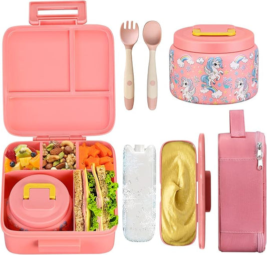 JXXM Bento Lunch Box for Kids With 8oz Soup Thermo,Leak-proof Lunch Containers with 5 Compartment,Thermos Food Jar and Lunch Bag, Food Containers for School (A-Pink(Fantasy Unicorn))