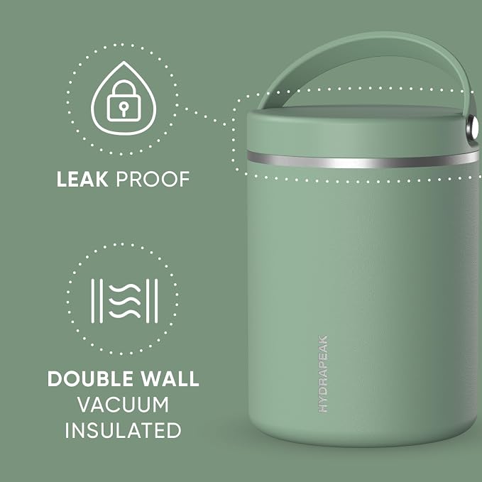 Hydrapeak 32oz Stainless Steel Vacuum Insulated Food Jar for Hot Food and Cold Food, Wide Mouth Leak-Proof Soup Jar for Adults, 10 Hours Hot and 16 Hrs Cold (Sage Leaf)