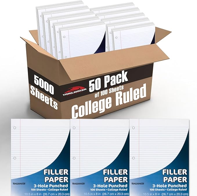 Trail Maker (50 Pack) Bulk Filler Paper College Ruled, 8 x 10-1/2 Inch College Ruled Paper, 3 Hole Punch, Loose Leaf Notebook Paper for 3 Ring Binders, 5000 sheets total