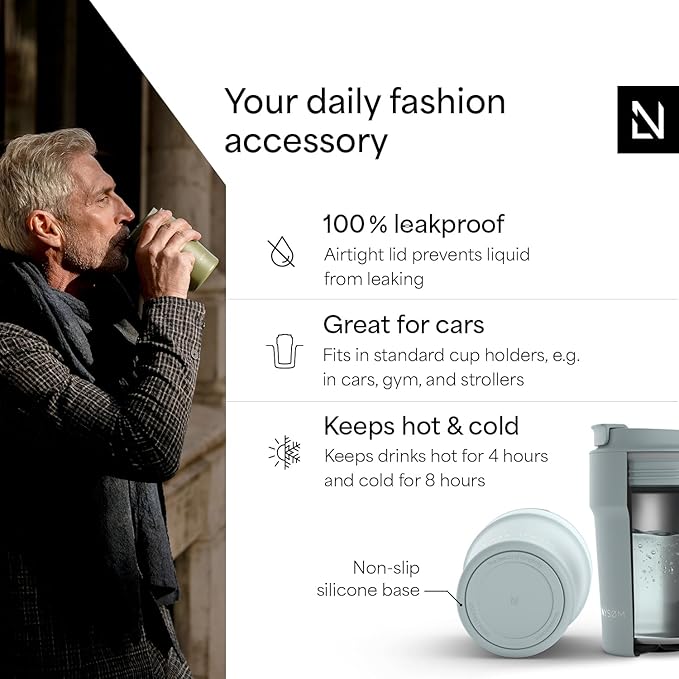 LARS NYSØM Thermo Coffee Mug to go 13oz | Travel Mug 0.38 Liter with Insulation | Silicone grip base | Leak Proof Stainless Steel Tumbler for Coffee and Tea on the Go (Powder Sky Blue, 13oz)