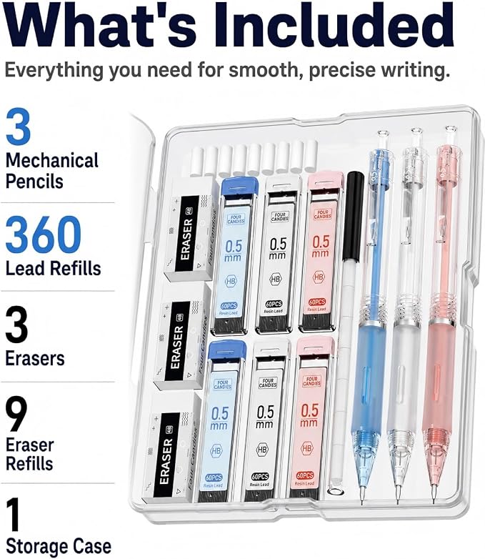 Four Candies Cute Mechanical Pencil Set, 3-Pack 0.5mm | 360 Lead Refills, 3 Erasers, 9 Eraser Refills, Non-Slip Rubber Grips, Aesthetic Design, for Detailed Writing and Drawing