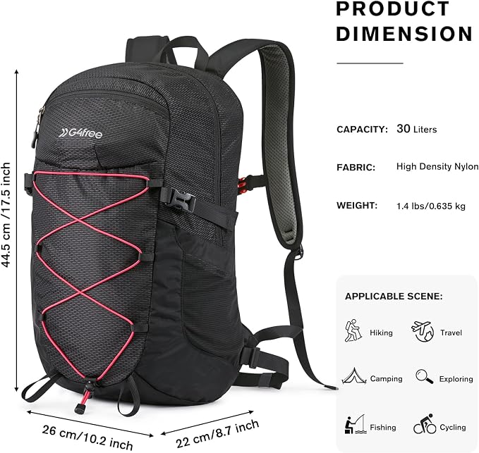 G4Free 30L Lightweight Hiking Backpack for Men Women, Airline Approved Day Pack for Travel, Bussiness Work, Easy Hike(Black)