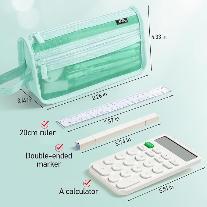 Four Candies Grid Mesh Pencil Case, Clear Double-layer with Handle (Green) | Smooth Zipper, Transparent Pencil Pouch, Cute Stationary, Makeup Bag, Travel Friendly, for Adult Office College