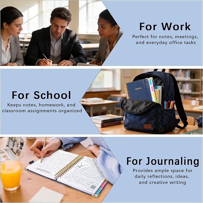 Hardcover Spiral Notebook with Removable Dividers & Tabs, 8.5"x11" 5 Subject Notebooks for Work, 300 Pages College Ruled Notebook, A4 Sparkle Lined Journal for Women Girls Note-Taking (Dark Blue)