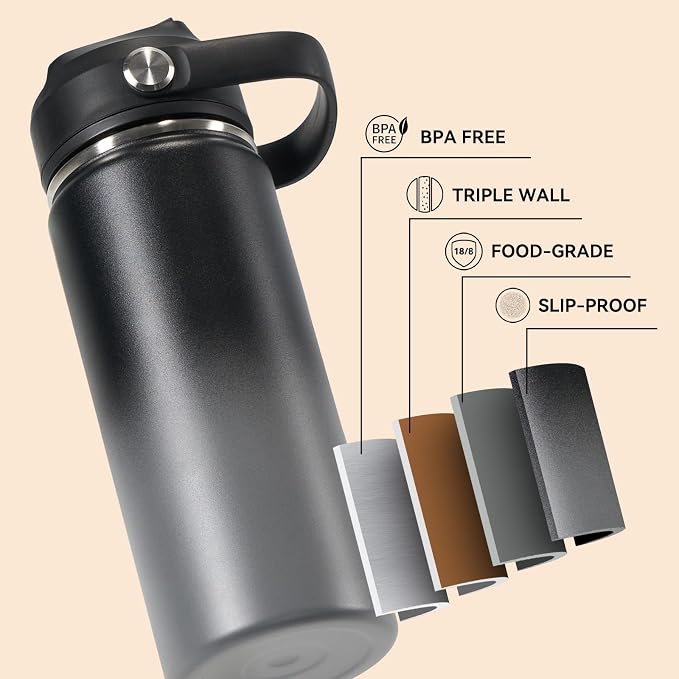 Fijinhom 24oz Insulated Stainless Steel Water Bottle, Wide Mouth Double Wall Vacuum, Silicone Straw, Sweat & Leak Proof, BPA Free Insulated Water Flask for Travel, Keep Cold 24h Hot 12h, Grey