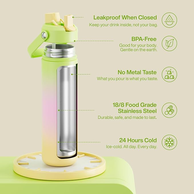 ENCOOL Insulated Water Bottle with Straw Stainless Steel Water Bottle, Leak-Proof, BPA-Free, Double Wall Vacuum Keeps Cold for 24 Hours for Sports, Travel, School (26 oz, Morning Dew)