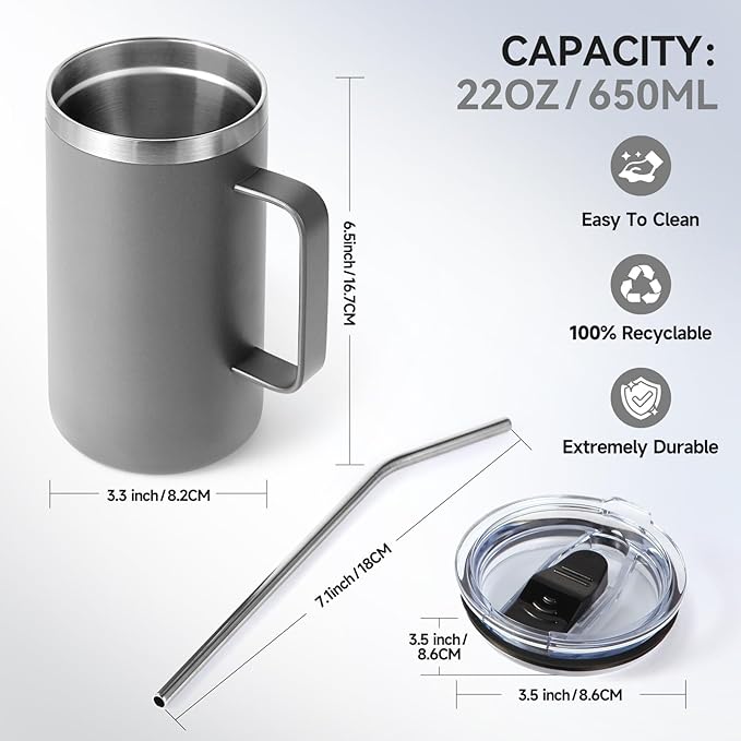 Volhoply 22oz Insulated Stainless Steel Coffee Mugs with Leakproof Lid Bulk 2 Pack,Double Wall Vacuum Travel Coffee Cup with Handle,Reusable Metal Tumbler,Camping Mug Keep Hot&Cold(Gray,2)