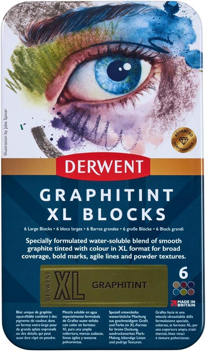 Derwent Graphitint XL Blocks 6 Tin, Set of 6, 60mm Extra-Large Block, Water-soluble, Ideal for Sketching, Drawing and Expressive Mark Making, Professional Quality (2306175)