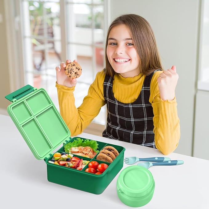 Aimsnk Kids Bento Lunch Box with 8oz Soup Thermo, Kids Leakproof Lunch Food Containers with 4 Compartment,Insulated Hot Food Jar with Lunch Bag for School, Travel (Green)