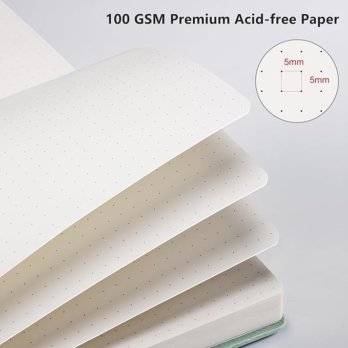 RETTACY Dotted Journal Notebook, 192 Pages, A5 Medium Size (5.7'' x 8.3''), Leather Hardcover, 100 GSM Thick Paper, for Journaling, Planning, Tracking (Sage Green)