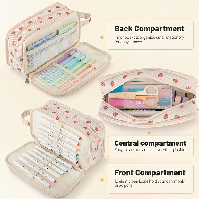 Cute Corduroy Pencil Case with Handle, Extra Large 4 Compartment Multiple Pockets Aesthetic Pencil Pouch Organizer for Teen Girls, School & College Supplies (Cherry)