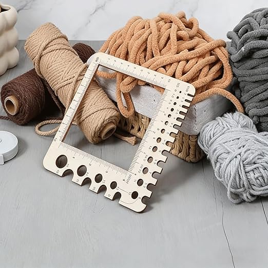 4PCS Wooden Knitting Gauge Tools, Stitch Counter Spinner Yarn Measure Tool, 4 Styles Yarn Winding & Needle Size Measure Rulers, Measuring Tool for Crochet & Weaving, Multi-Size Holes for Needles