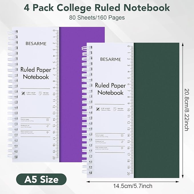BESARME 4 Pack College Ruled Notebook, A5 Lined Spiral Notebook with Ruler Waterproof Plastic Spiral Journal 5.7" x 8.22" Hardcover Journal for Work School Supplies