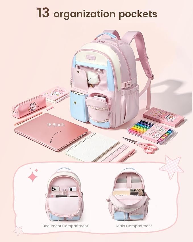 LOVEVOOK School Backpack for Girls Ages 8-16，Cute Student Bookbag for Teen Girls Kids Back to School with Cup Holder, DIY Ita Bag Fit 15.6 Inch Laptop for Elementary & Middle School