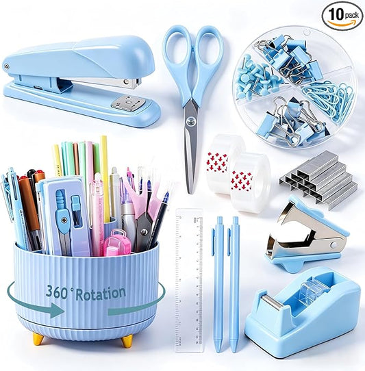 Gawsey Desk Organizers and Accessories Set with 360-Degree Rotating Pen Holder, Tape Dispenser, Stapler, Staple Remover, 1000 Staples, Tape, Clips Set, Ruler, Scissor, Pen (Blue)