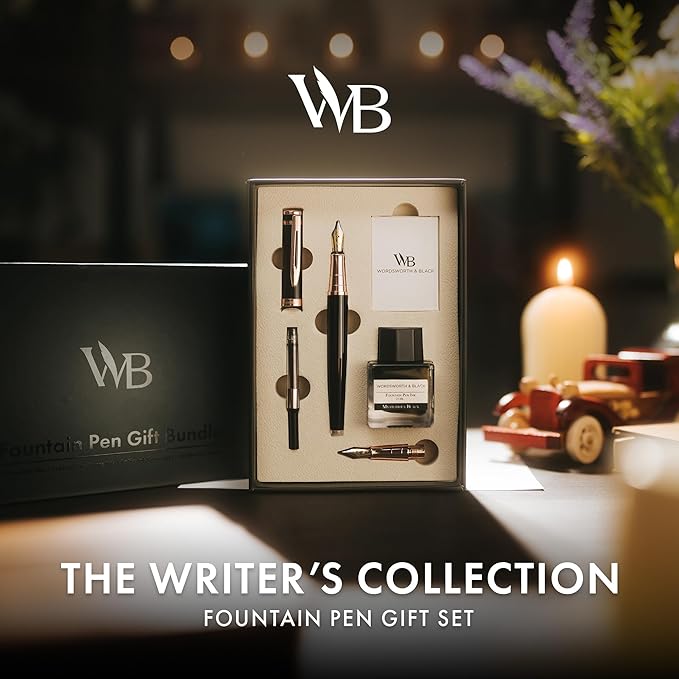 Wordsworth & Black Fountain Pen Set, 18K Gilded Medium and Extra Fine Nib, 25ML Black Bottle, 6 Ink Cartridges, Refill Converter, Smooth Writing Pens [Black Rose Gold], Gift Set for Men and Women