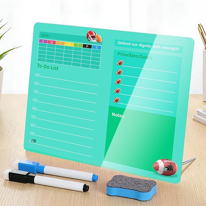LeMotech Desktop Acrylic Dry Erase Board, 12x10 inches Weekly & to-Do List Planner, Tabletop Whiteboard with Stand, Office Supplies Includes 2 Markers & 1 Eraser, Green Football Pattern, 1 Pack