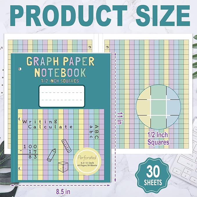 1 Pack Colored Graph Paper Notebook 8.5"x 11" Large Square Graph Paper for 3 Ring Binder 1/2 Inch Squares Math Grid Notebook 3 Hole Punch Graph Writing Paper for Kids School Dyslexia Dysgraphia