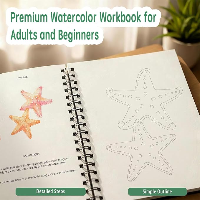 SLWBZ Watercolor Workbooks Coloring Book, Beginner Friendly Painting Kit, Detailed Steps, Creative Exploration Watercolor Book with Paint Set for Adults Teens (Seaside, Without Paint)
