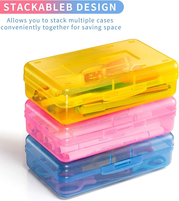Sooez 3 Pack Pencil Case, Large Hard Pencil Box Bulk, Clear Crayon Box Marker Pen Organizer, Plastic Storage Container with Snap Lid, Art Craft Organizer Back to School Supplies, Colorful