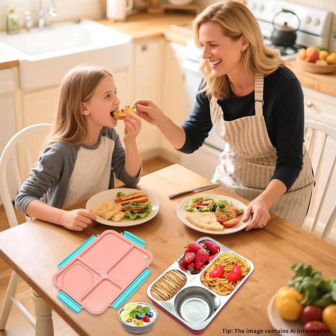 Kids Stainless Steel Lunch Box,304 Stainless Toddler Leak-Resistant Insulated Metal Bento Box,Suitable Schools,Office,Use Comes With An Independent Soup Cup,Tableware,4 Compartments (Pink)