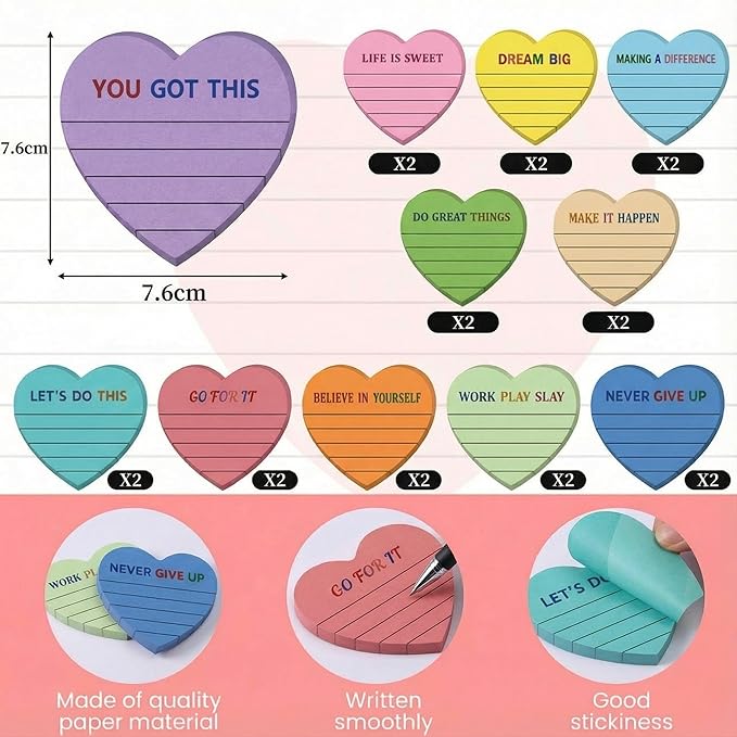 Teling 24 Pack Valentine's Day Sticky Notes Heart Lined Sticky Notes Inspiration Cute Self Adhesive Love Memo Pads for Galentines Party Exchange Gifts Home Office School 3x3 Inch