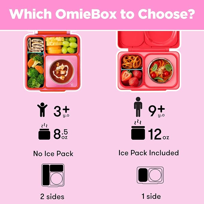 Omie OmieBox Kids Insulated Leakproof Bento Lunch Box with Food Jar (Pink Berry) (Pack of 2)