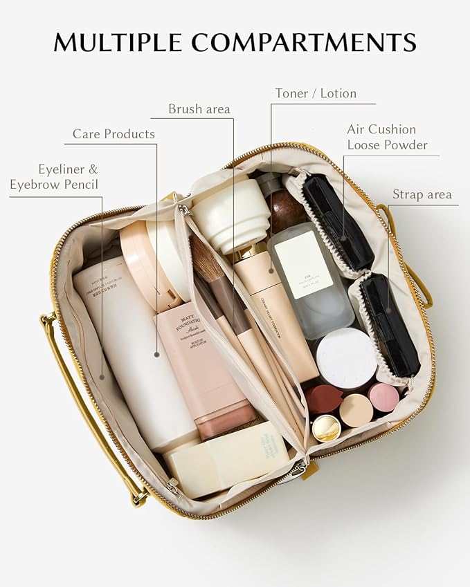 EACHY Travel Makeup Bag, Large Capacity Cosmetic Bag for Women, Waterproof PU Leather, Flat Open Portable Toiletry Bag for Skincare, Brushes & Travel Essentials