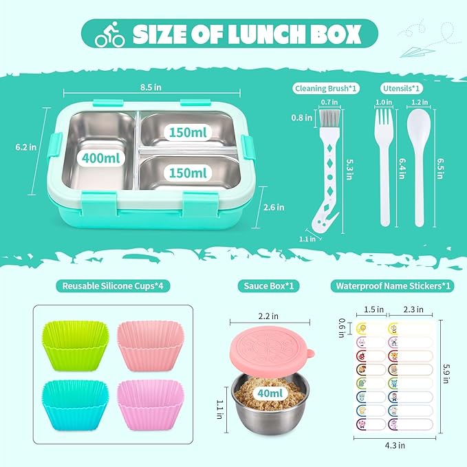 Kids Stainless Steel Bento Box, 3 Compartments Leakproof Lunch Box, Portable Food Storage Containers with Silicone Lids BPA-Free for Office, Picnics, Travel, Blue