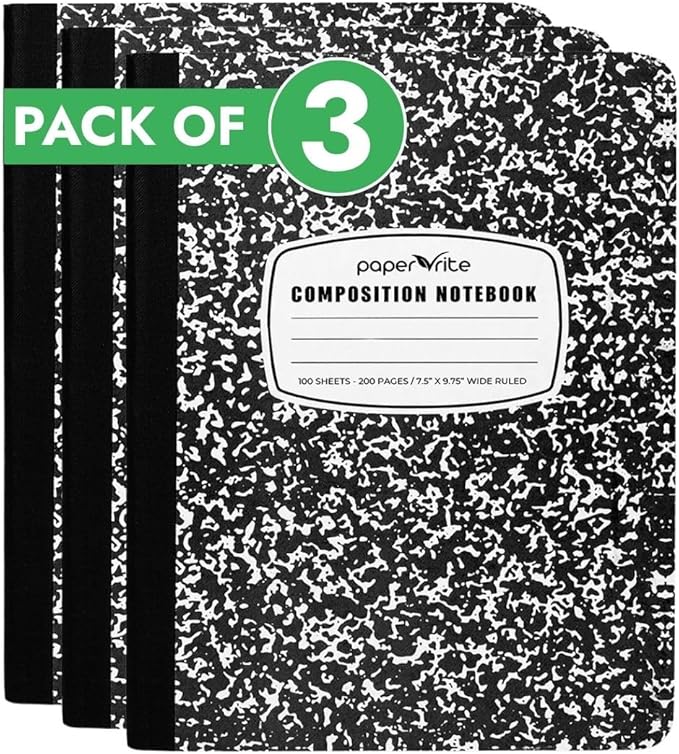 Wide Ruled Composition Notebook Black Marble | 100 Sheets | 9.75 x 7.5 Inches | Durable Sewn Binding for School & Office Use (3)