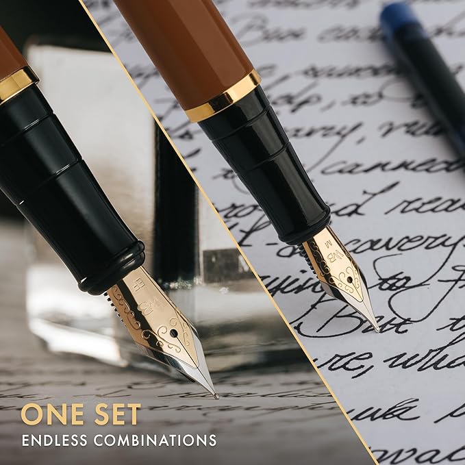 Wordsworth & Black Fountain Pen Set, 18K Gilded Medium and Extra Fine Nib, 25ML Black Bottle, 6 Ink Cartridges, Refill Converter, Smooth Writing Pens [Brown Gold], Gift Set for Men and Women