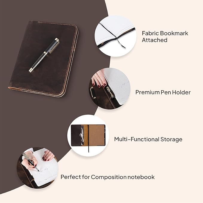 XL Leather Journal Cover 7.5 x 9.5 Inch – Refillable Genuine Leather Notebook Cover for Composition Notebook, Planner & Diary – Handmade Protective Travel Writing Case, Brown