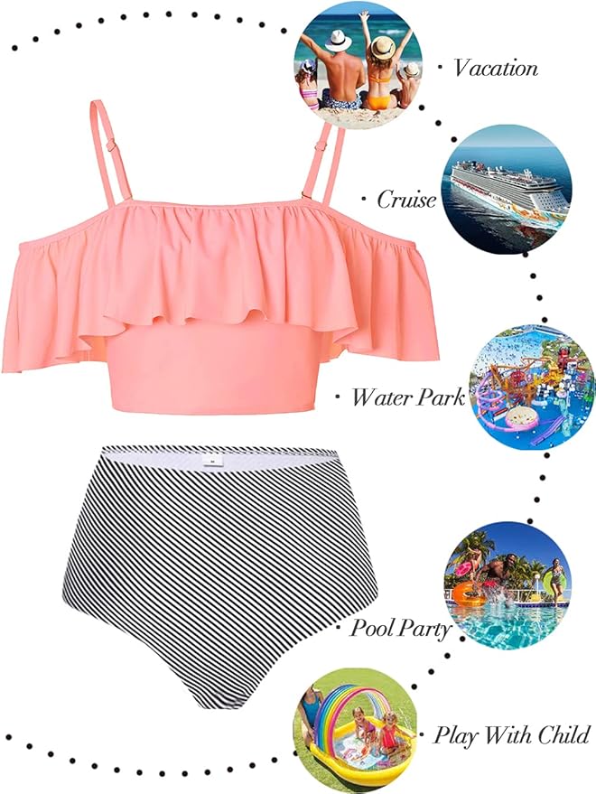 Kaei&Shi High Waisted Flounce Bikini Set,Tummy Control Swimsuits for Women,Off Shoulder