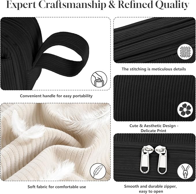 TESAFNG Corduroy Pencil Case, Large Capacity Pencil Pouch with 4 Compartments, Cute Soft Aesthetic Stationery Pen Bag Organizer with Zipper, Portable School Supplies for Teen and Adult Girls, Black