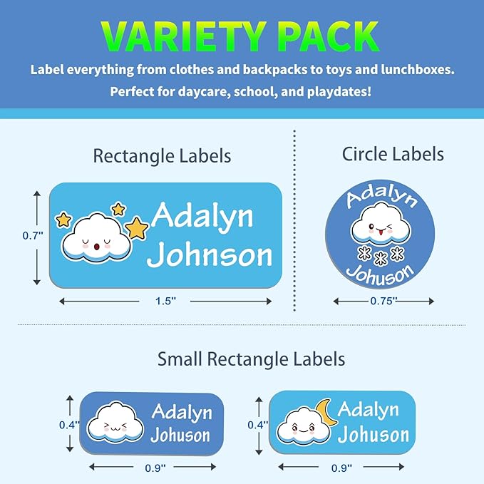 Custom Personalized Name Labels for Kids-(200-1000Labels) Waterproof Name Stickers Tags for School&Daycare,Clothing Tags,Washable&Durable Labels for Lunch Boxes, Bottles,Toys&GEA (Clouds)