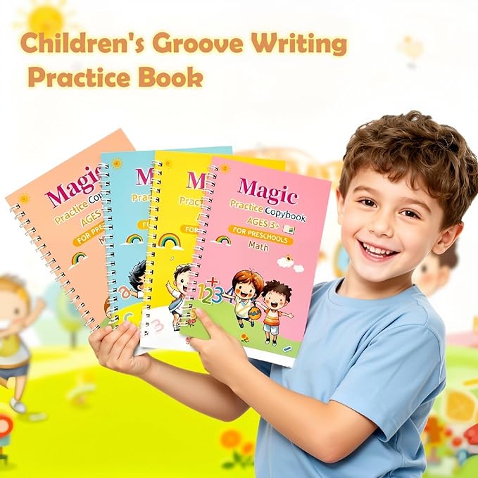 Magic Grooved Writing Practice Books for Kids 3-8, Reusable Handwriting Practice Copybook Set with Disappearing Ink, 4 Pack Preschool Writing Kit for Alphabet Number Math Drawing