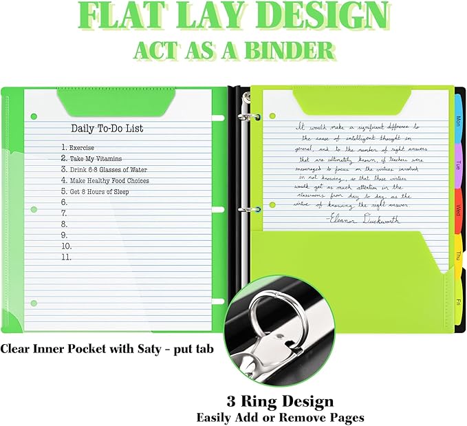 INFUN All-in-one Telescoping Binder Notebook - 2PCS，Refillable 3 Ring Notebook Binder with 1 Plastic Movable Pocket Folder,5 Plastic Subject dividers and Graph Paper and College Ruled Paper - Green