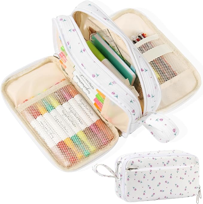 BuyCard Big Capacity Pencil Case, Corduroy Fabric, White with Purple Floral Pattern, Pencil Bag with Zipper Closure, Graduation Gift Office Stationery Storage Pen Pouch