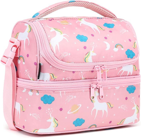 FlowFly Kids Double Decker Cooler Insulated Lunch Bag Large Tote for Boys, Girls, Men, Women, With Adjustable Strap, Unicorn